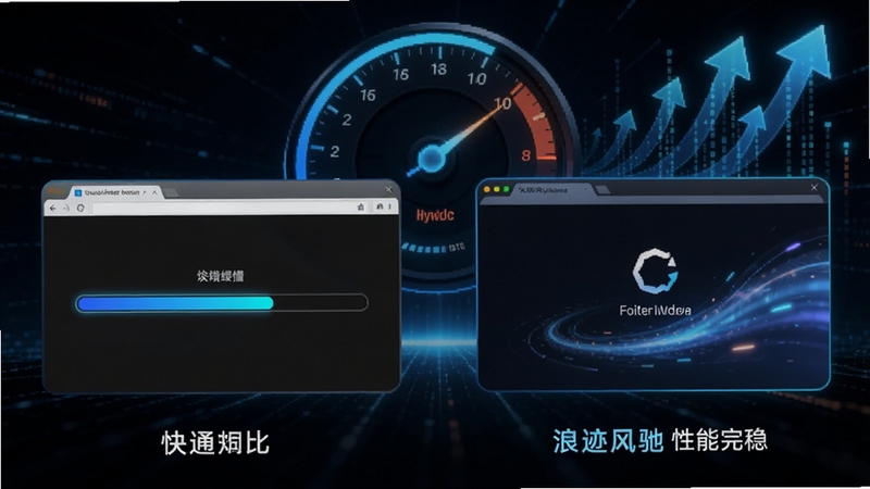 科技感浏览器性能对比场景,左侧为普通浏览器加载缓慢的进度条,右侧为浪迹风驰浏览器瞬间完成加载的流畅界面,背景有速度仪表盘和上升的箭头数据流,画面采用深色主题搭配霓虹蓝光,突出“快”与“稳”的对比,细节刻画清晰,适合作为功能展示配图。