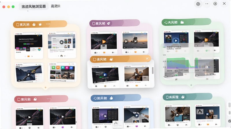 浪迹风驰浏览器标签管理界面,屏幕上整齐排列着多个彩色标签组,每个组内包含不同网页缩略图,其中一个标签组被高亮展开,背景有半透明的内存占用图表,画面采用浅色主题,搭配柔和的阴影效果,强调整理与高效,细节丰富,风格现代。