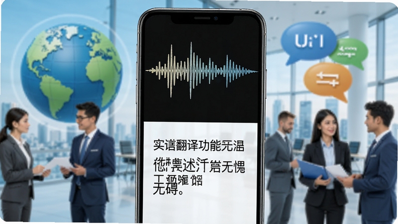 音述AI多语言翻译功能示意图,画面展示手机屏幕分割为上下区域,上方为英文语音波形,下方为中文翻译文本,背景为国际化商务场景,有地球与语言气泡元素,色调明快,突出实时互译与沟通无障碍