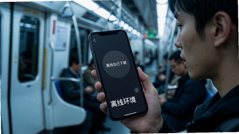 音述AI离线模式使用示意图,画面展示手机屏幕中显示“离线包已下载”状态,背景为地铁车厢内,用户正在对着手机说话,文字实时出现在屏幕下方,色调偏冷,突出无网环境下的可靠性能