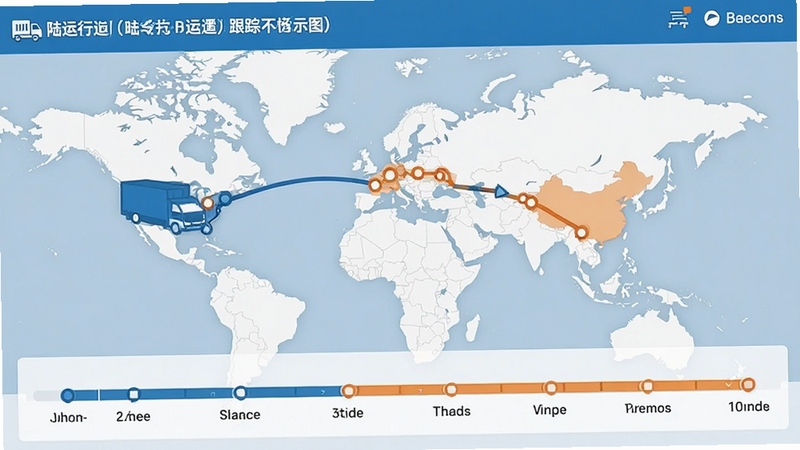 陆运行运单跟踪界面示意图,展示从装货到卸货的各个节点状态,界面包含地图轨迹线和时间轴设计,色彩以蓝色和橙色为主,视觉上呈现清晰直观的物流进度管理体验