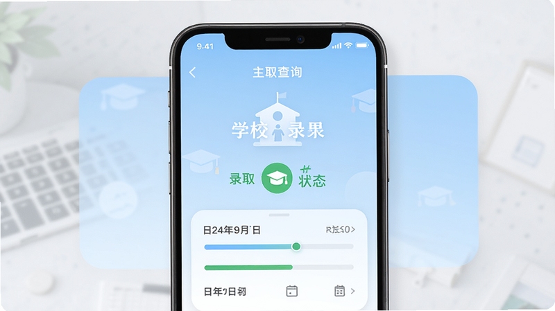 �п�¼ȡ����������������ƣ��ֻ���Ļչʾ¼ȡ��ѯ���ҳ�棬����Ϊ����ɫ���䣬������ʾѧУ���ƺ�¼ȡ״̬ͼ�꣬�������������������ںͽ�����Ԫ�أ��������ִ���ƽ�����߷ֱ��ʣ�ϸ�ڷḻ������Booguģ������