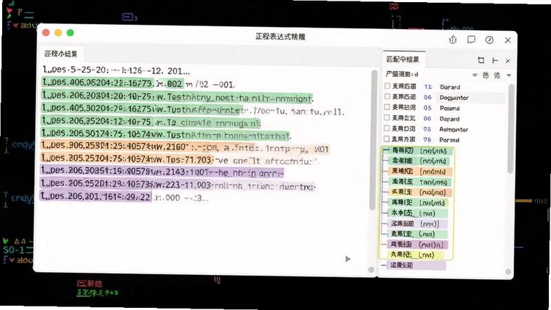 展示正则表达式测试工具中文本匹配高亮的效果图,界面中一段英文日志文本被不同颜色高亮标记,右侧显示匹配结果与分组信息,软件名称显示在标题栏,画面风格清晰明亮,适配Boogu模型生成