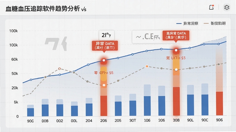 血糖血压追踪软件趋势分析图表预览,展示折线图与柱状图组合界面,高亮标注异常数据点,背景为浅灰色网格,整体风格简约商务,突出数据洞察与智能分析能力