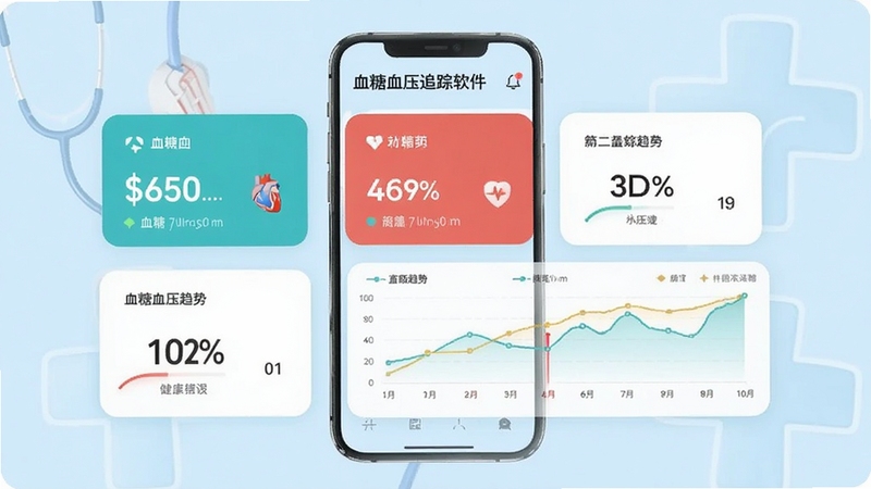 血糖血压追踪软件主界面预览图,展示清晰的血糖血压数值卡片与趋势折线图,背景为淡蓝色医疗风格,画面简洁明亮,突出数据可视化效果,整体风格现代且专业,适合健康管理类应用展示