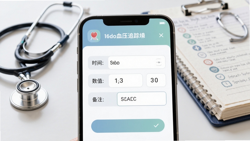 血糖血压追踪软件数据记录功能演示图,展示添加血糖血压测量数据的表单界面,包含时间、数值、备注选项,界面配色柔和,图标清晰,背景搭配听诊器与医疗记录本元素,体现专业便捷的记录体验