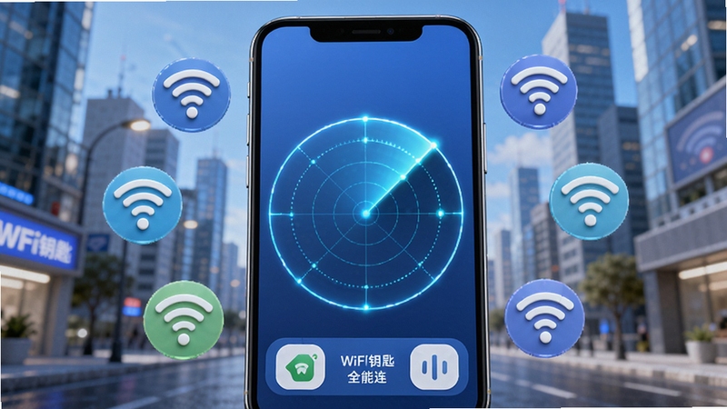 WiFi钥匙全能连主界面展示,手机屏幕中央显示雷达扫描动画,周围环绕多个WiFi信号图标,背景为现代城市街景,画面明亮清晰,突出软件一键连接功能,采用3D渲染风格,色彩鲜艳,细节丰富,整体充满科技感与便捷感,适配竖屏展示。