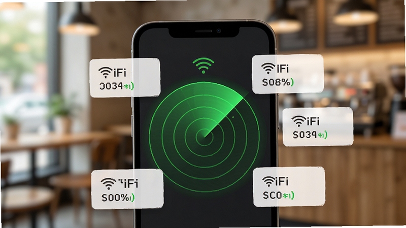 WiFi钥匙全能连信号雷达扫描界面特写,手机屏幕上显示绿色雷达波纹扩散动画,周围排列多个WiFi名称卡片,标注信号强度百分比,背景为模糊的室内咖啡馆环境,色调柔和,突出智能检测与快速识别功能,画面简洁专业,适配移动端UI设计。