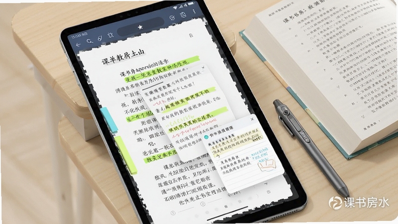 ���鷿APP���ֽ̲��Ķ�������д����Ļ��ʾ�Ŵ�Ŀα�ҳ�棬������������Ե��ӫ��ʱ�ע�ͱʼǵ������Ա߰ڷ���ʵ�α������ܱʣ�ǳɫ���汳����дʵ��񣬰������鷿ˮӡ