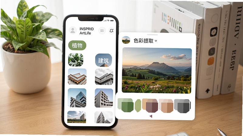 INSPRID ArtLife 智能分类功能演示,手机界面显示自动生成的“植物”、“建筑”等分类标签,右侧弹出色彩提取面板,展示从一张风景照片中提取的五色配色方案,背景为木质桌面,摆放着绿植与设计书籍,画面明亮柔和