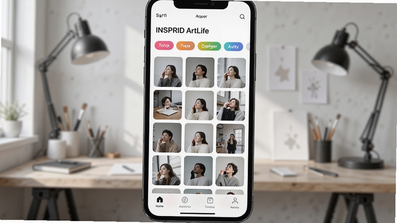 INSPRID ArtLife 主界面预览图,展示整洁的素材瀑布流与底部导航栏,背景为浅灰色工作室环境,画面中央是手机屏幕特写,屏幕内显示色彩分类标签与网格状素材缩略图,自然光照明,细节清晰,适配移动端竖屏构图