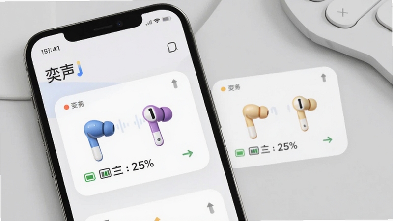奕声app的设备管理界面截图,显示两款不同颜色的无线耳机卡片,分别标注电量百分比和连接状态图标,背景为浅灰色的桌面,手机界面中“奕声”字样和耳机型号清晰可见,整体画面明亮简洁,突出智能管理的便捷性。