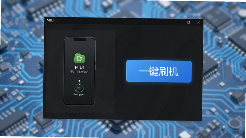 一张高清产品预览图,画面中央是MIUI一键刷机软件的主界面窗口,深色科技感UI设计,左侧显示手机连接状态,右侧是醒目的“一键刷机”大按钮,背景为虚化的蓝色数码电路板,整体风格专业、简洁、明亮,突出软件的核心功能与易用性
