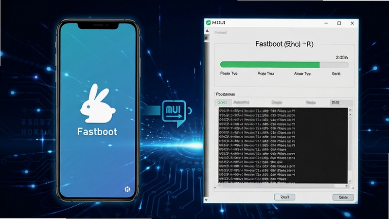 MIUI一键刷机软件操作过程示意图,手机屏幕显示Fastboot兔子图标,电脑软件界面展示刷机进度条与日志信息,背景为深色科技光效,突出刷机过程的专业与稳定
