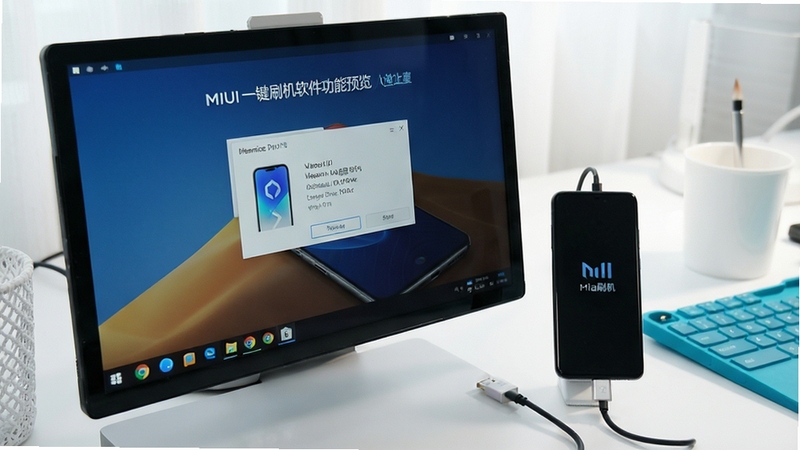 MIUI一键刷机软件功能预览图,画面展示软件正在自动识别小米手机型号并安装驱动的过程,电脑屏幕上有设备信息弹窗,手机通过USB线连接电脑,背景为干净的工作台,光线明亮,强调智能化与自动化特性