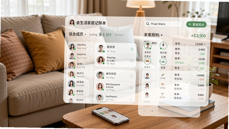 会生活家庭记账本多人协作界面,展示家庭成员列表和各自收支记录,背景为家庭客厅场景,沙发上有抱枕,茶几上放着手机,界面显示成员头像和收支汇总,色调温馨,突出家庭共享记账概念