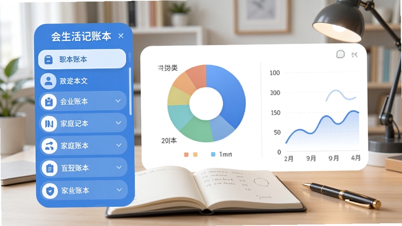 会生活家庭记账本多账本管理界面,左侧列表显示不同账本名称,右侧展示分类饼图与收支曲线,背景为整洁的书房,桌面有记账本和笔,界面以蓝白色调为主,图标圆润,突出分类管理与统计功能