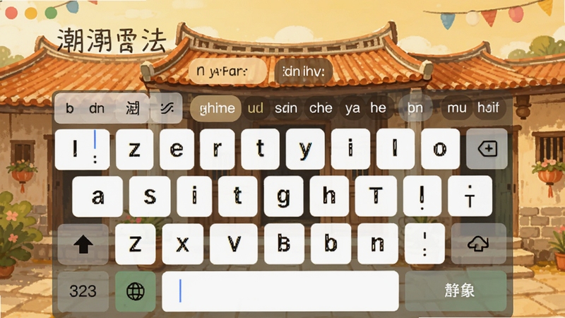 潮语输入法主界面预览图,展示简洁的输入键盘布局,背景为潮汕传统民居风格,突出软件名称与拼音候选词,整体色调温暖明亮