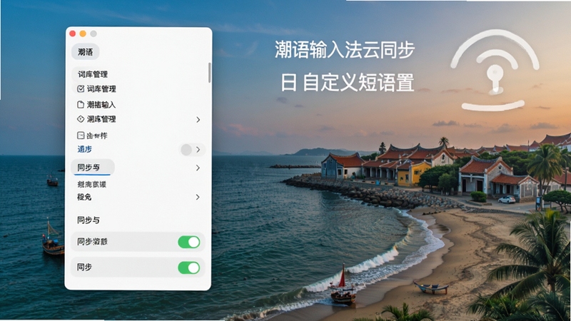 潮语输入法云同步及自定义短语设置界面,展示词库管理与同步开关,背景为潮汕海岸线风景,体现数据同步的自由与便捷