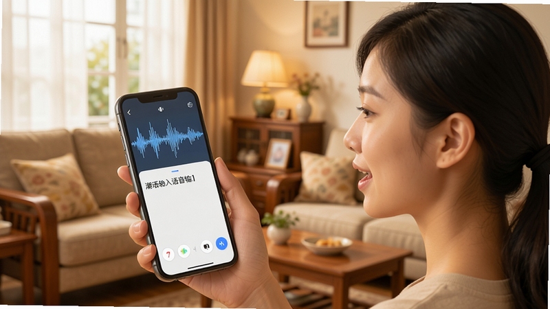 潮语输入法语音输入使用场景图,用户手持手机正在说话,屏幕显示语音波形与识别文字,背景为潮汕家庭客厅,色调温馨,突出语音交互便利性