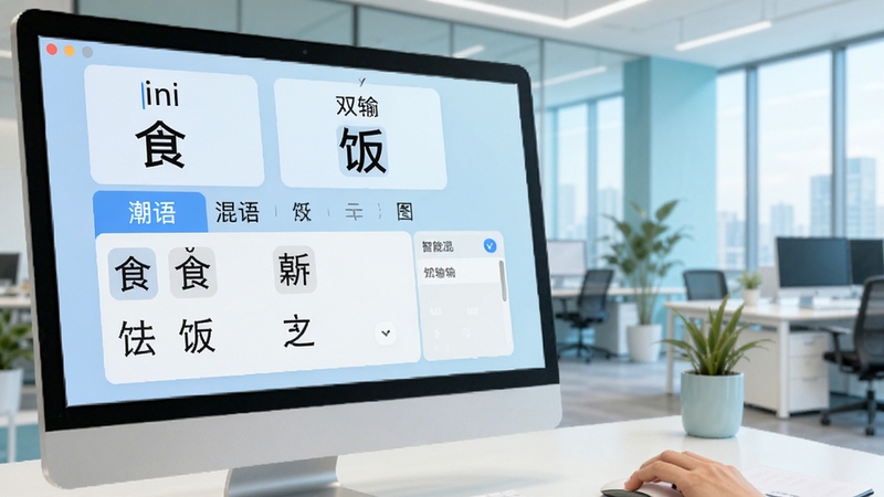 潮语输入法双语混输示意图,屏幕显示同时输入“食”和“饭”的拼音,候选区展示对应汉字,背景为现代办公室场景,色调清爽,突出智能混输能力