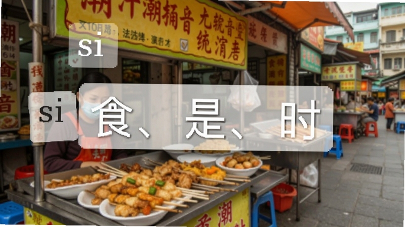 潮语输入法拼音输入演示图,屏幕显示输入“si”后出现“食、是、时”等候选字,背景为潮汕街头小吃摊,色调明亮,突出拼音联想功能