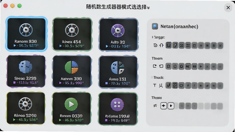 随机数生成器模式选择界面,展示多种随机模式图标与参数配置区,背景为浅灰色调,每个模式高亮显示,配有示例数据,界面友好直观