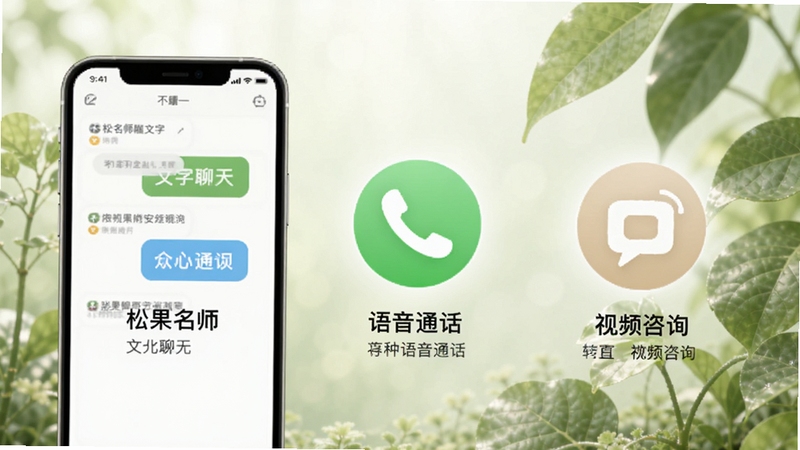 松果名师多种沟通方式示意图,展示手机界面上的文字聊天、语音通话和视频咨询三个选项图标,每个图标下方有简短说明,背景为柔和的绿色植物元素,营造放松安全的氛围