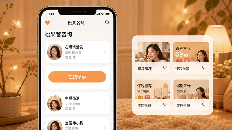 松果名师app预览图,展示软件主界面,包含心理情感咨询师列表、在线倾诉按钮、课程推荐卡片,背景为温馨的暖色调,整体风格现代简洁,界面清晰易用,符合移动端心理咨询应用的设计风格