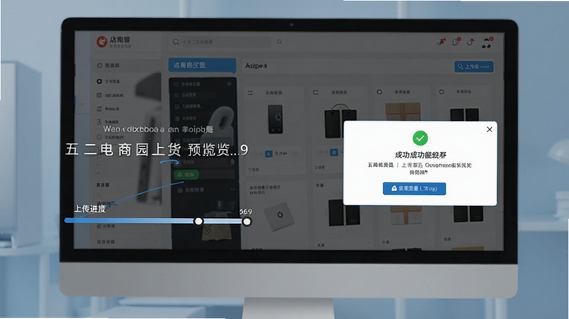 五二电商园一键上货功能预览图,展示店铺绑定页面与上传进度条,背景为电脑屏幕显示多个电商后台,画面包含成功提示弹窗,风格简洁现代,比例16:9