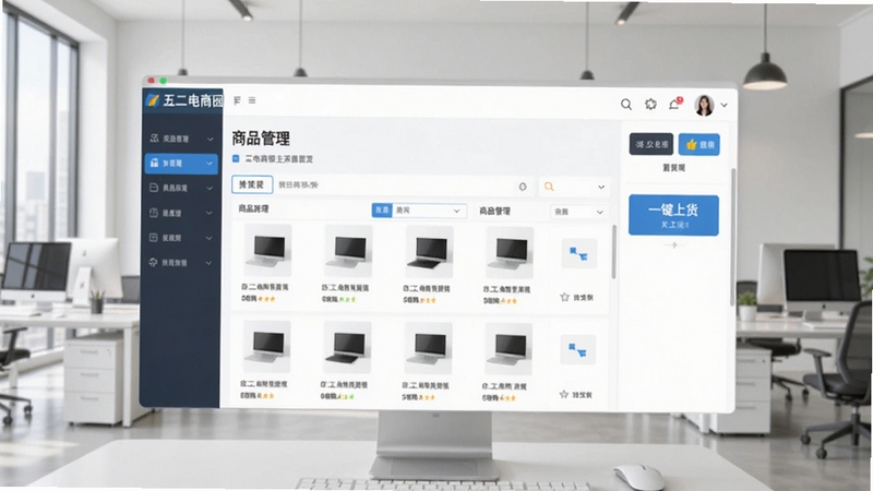 五二电商园主界面预览图,展示商品管理列表与一键上货按钮,背景为现代简约电商办公场景,画面主体突出软件界面,色彩明亮清晰,风格写实,比例16:9