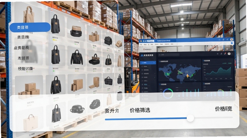 五二电商园货源筛选功能预览图,展示类目导航与价格筛选滑块,背景为电商仓库实拍,画面包含商品图片墙与数据面板,风格写实明亮,比例16:9