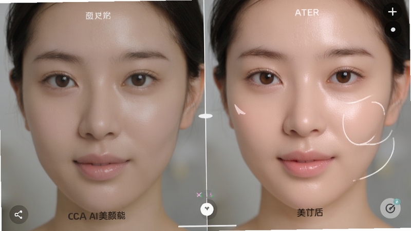 YouCam AI美颜功能界面特写,画面展示人物面部实时美化效果,左右分屏对比,左侧为原始图像,右侧为美颜后图像,皮肤细腻有光泽,背景虚化,突出智能磨皮与面部塑形细节