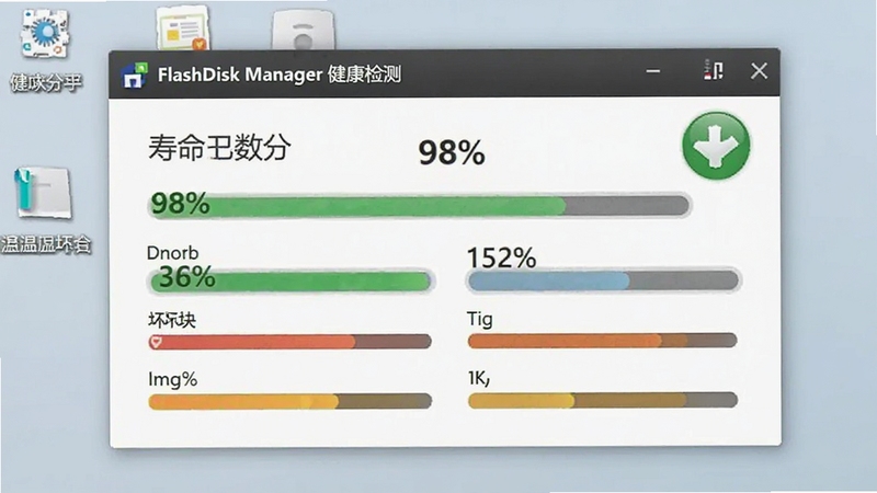 FlashDisk Manager 健康检测功能界面,显示U盘健康分数为98%,各项指标如寿命、坏块、温度均以彩色进度条展示,背景为浅灰色电脑桌面,屏幕上有绿色对勾图标,整体画面清晰明亮
