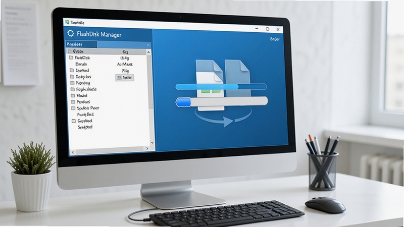 FlashDisk Manager 数据备份恢复界面,左侧为源文件列表,右侧为备份进度条,界面采用蓝色主题,背景为整洁的办公桌,电脑屏幕上显示文件复制动画,整体给人安全可靠的感觉