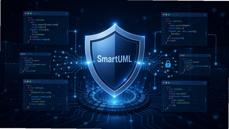 SmartUML 安全检测示意图,画面中央是盾牌图标,周围环绕着代码与数据流,背景为蓝色科技感风格,强调软件的安全可靠性。