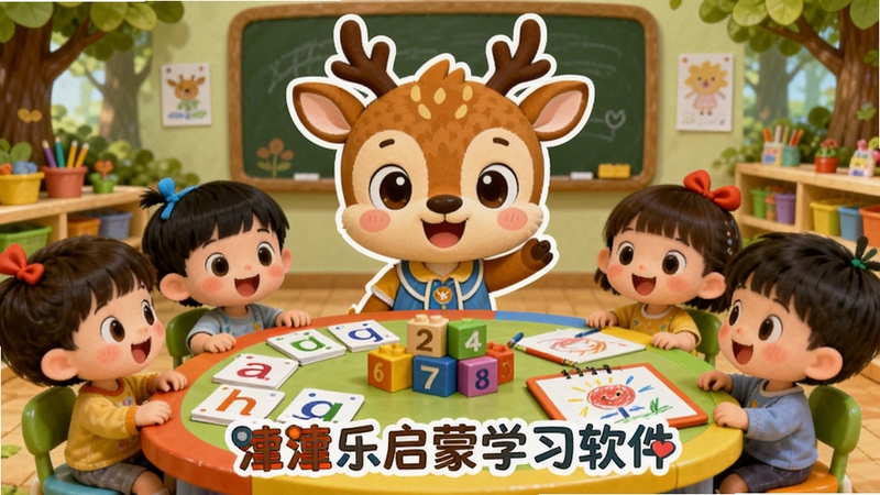 画面主体为潼潼乐启蒙学习软件卡通吉祥物小鹿老师与孩子们围坐在彩色学习桌前,背景是充满童趣的森林教室,桌上摆放拼音卡片、数字积木和画板,整体色调明亮温暖,卡通渲染风格,细节丰富,构图中心突出软件名称“潼潼乐启蒙学习软件”字样,适合儿童教育产品主视觉