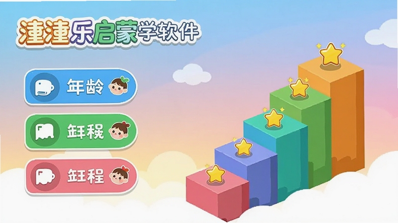 潼潼乐启蒙学习软件分龄学习路径界面,左侧显示三个年龄段标签,右侧是彩色阶梯式课程地图,每个节点有星星奖励图标,背景为柔和的渐变天空,卡通UI设计,扁平化风格,色彩明快,突出软件名称与分龄特色