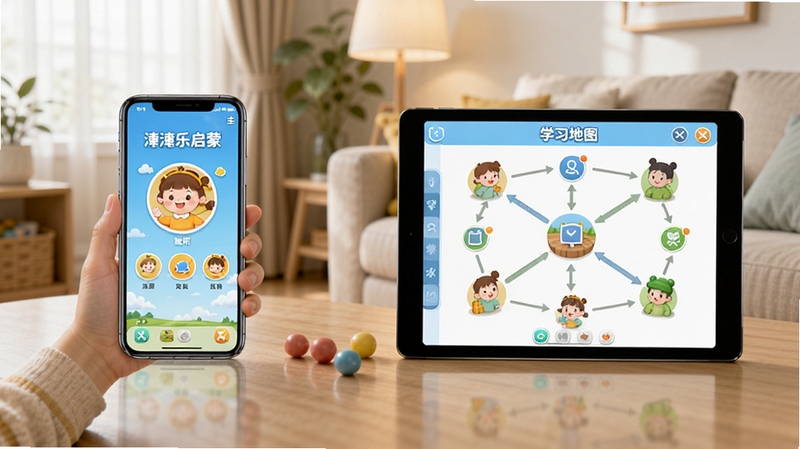 潼潼乐启蒙学习软件在手机和平板上运行的对比场景,左边手机显示主菜单,右边平板显示学习地图,背景为居家环境,光线柔和,强调多设备适配,画面清晰自然