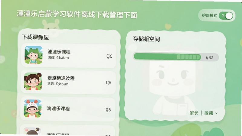 潼潼乐启蒙学习软件离线下载管理页面,显示已下载课程列表与存储空间使用条,右上角有护眼模式开关图标,背景为柔和的绿色渐变,扁平化UI设计,突出软件离线功能与家长控制特色