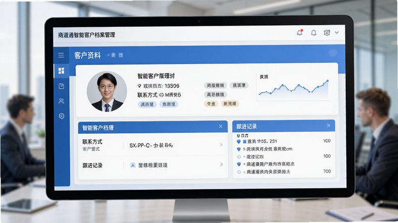 商道通智能客户档案管理界面截图,屏幕中展示一个详细的客户资料卡片,包含头像、联系方式、标签和跟进记录,背景为模糊的商务场景,界面设计现代,蓝白配色,信息层级分明,高清细节,16:9比例