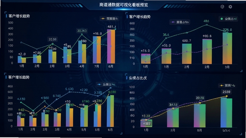 商道通数据可视化看板预览图,画面展示多个彩色柱状图和折线图,图表周围有数据标签,背景为深蓝色科技感界面,图表颜色鲜艳,清晰展示客户增长趋势和业绩占比,整体风格现代,比例16:9