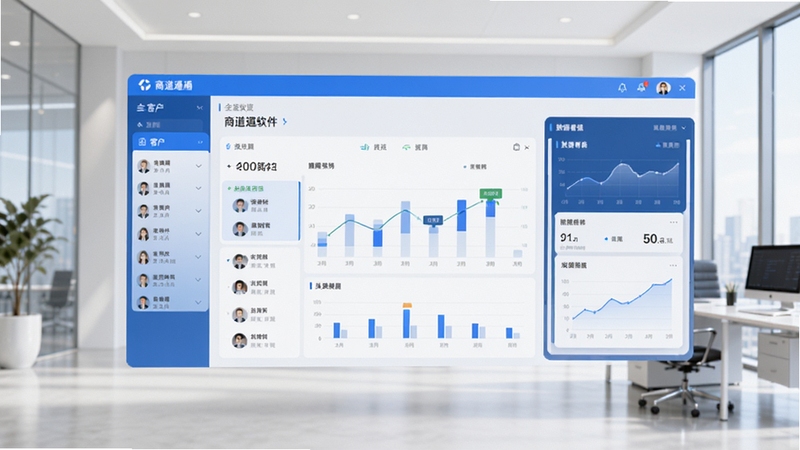 商道通软件全貌预览图,画面中央悬浮着软件主界面,左侧是客户列表,右侧是数据看板,背景为现代化商务办公室,浅色调,界面以蓝色和白色为主,整体风格简洁明亮,细节丰富,比例16:9,高清渲染