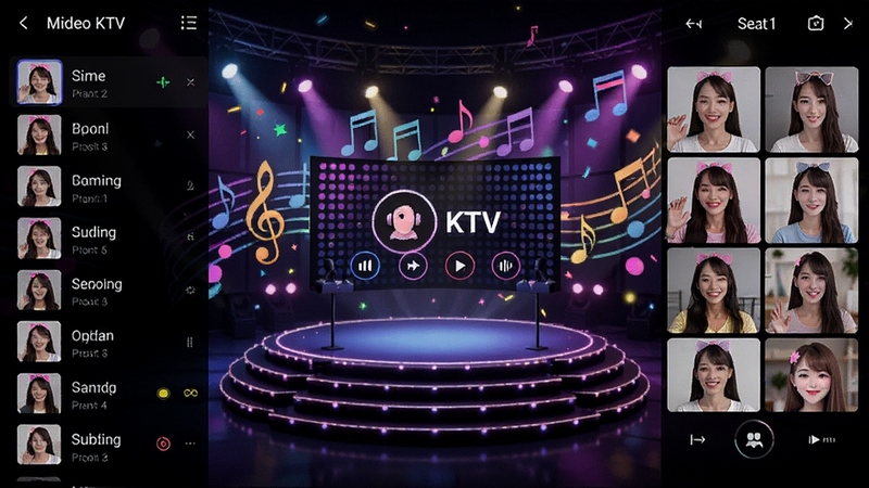 �Թ�������ƵKTV������Ԥ��ͼ������������������̨�������ʾ�����б����Ҳ��Ǻ�����Ƶ���ڣ�����Ϊ�Ųʵƹ�������Ԫ�أ�������ʱ�ж��У�ɫ��������������Ⱦ��ͻ�����˻���K�賡��