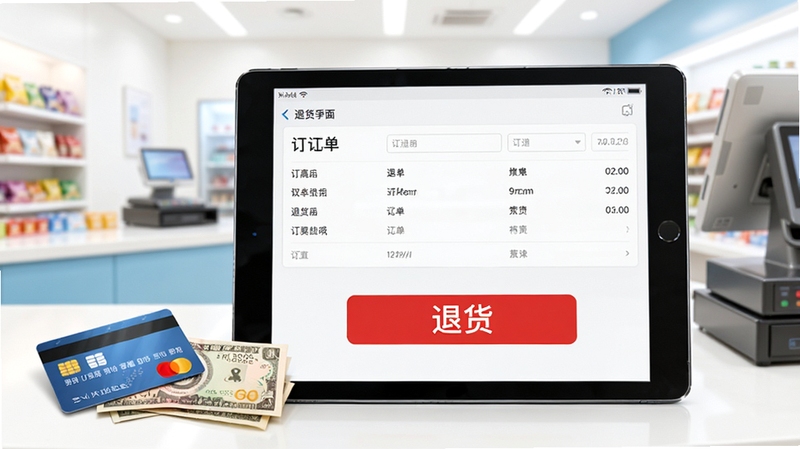 商业收银系统退货操作界面示意图,画面上显示平板电脑上的订单详情页面,有醒目的红色“退货”按钮,旁边放着银行卡和现金,背景是明亮的店铺收银台