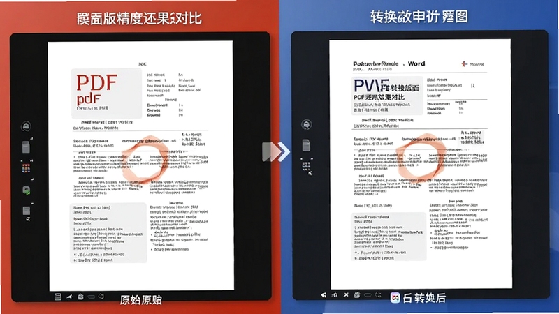 pdf转word转换器版面还原效果对比图,左侧为原始PDF文件截图,右侧为转换后的Word文档截图,两者排版几乎一致,背景为对比展示界面,图像清晰,突出软件高精度还原能力