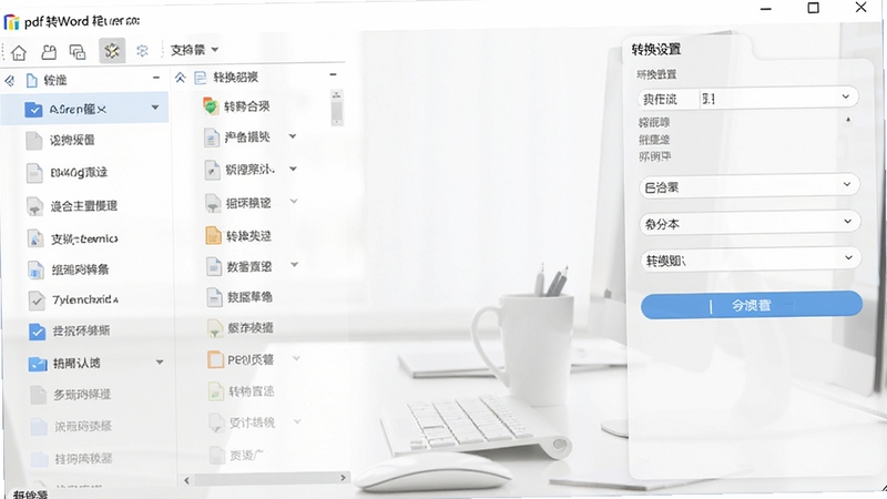 pdf转word转换器主界面预览图,左侧为文件列表,右侧为转换设置面板,背景为浅灰色办公桌面,整体风格简洁明亮,软件名称显示在窗口顶部