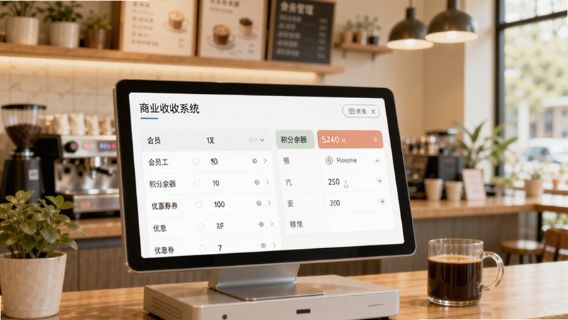 商业收银系统会员管理页面,显示会员列表、积分余额、优惠券信息,背景为温馨的咖啡店,风格清新明亮。