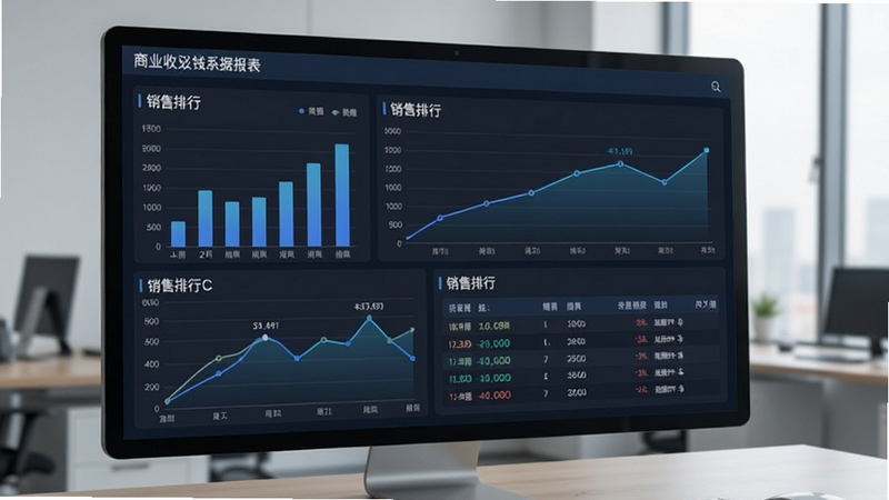 商业收银系统数据报表界面,展示柱状图、折线图、销售排行表格,背景为办公室一角,风格专业严谨。