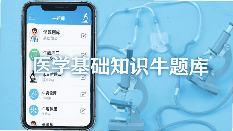 医学基础知识牛题库主界面预览图,手机屏幕显示题库列表和分类图标,背景为浅蓝色医学风格,画面中心突出软件名称,整体明亮清晰
